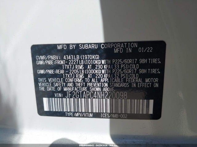 Продаж на аукціоні авто 2022 Subaru Crosstrek Premium, vin: JF2GTAPC4NH220098, номер лоту: 44996643