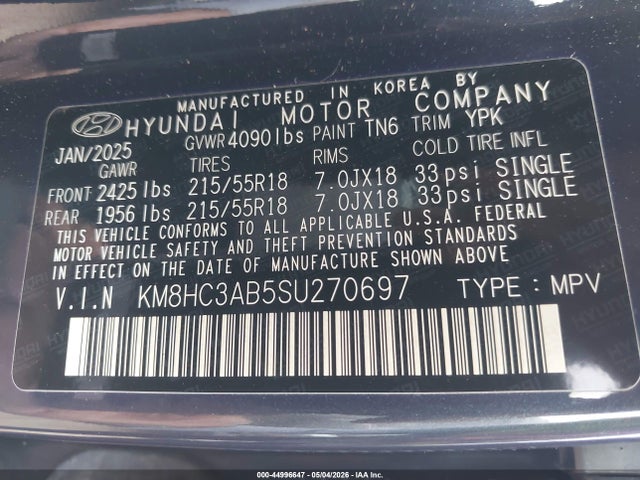 Auction sale of the 2025 Hyundai Kona Sel Convenience, vin: KM8HC3AB5SU270697, lot number: 44996647