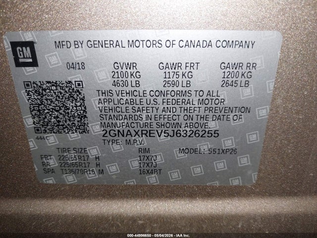 44996650 :رقم المزاد ، 2GNAXREV5J6326255 vin ، 2018 Chevrolet Equinox Ls مزاد بيع