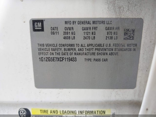 Aukcja sprzedaży 2012 Chevrolet Malibu 2lz, vin: 1G1ZG5E7XCF119433, numer aukcji: 44996653