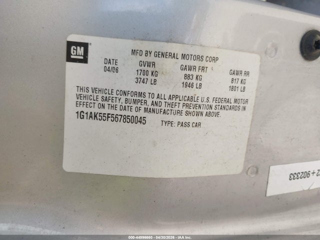 44996660 :رقم المزاد ، 1G1AK55F567850045 vin ، 2006 Chevrolet Cobalt Ls مزاد بيع