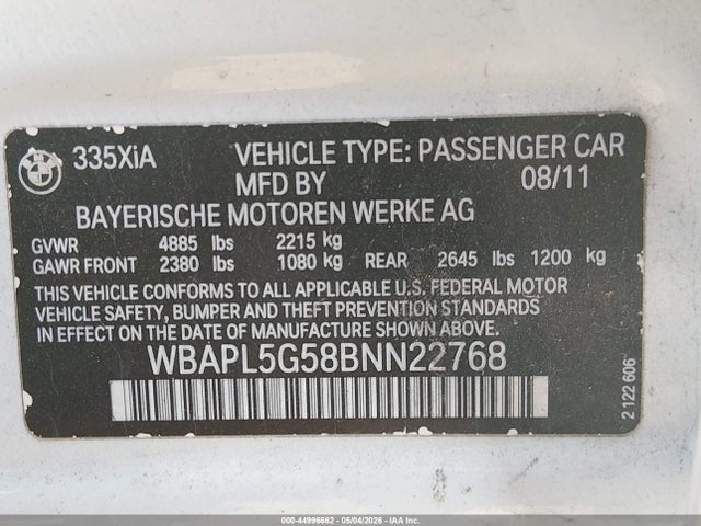 44996662 :رقم المزاد ، WBAPL5G58BNN22768 vin ، 2011 Bmw 335i Xdrive مزاد بيع