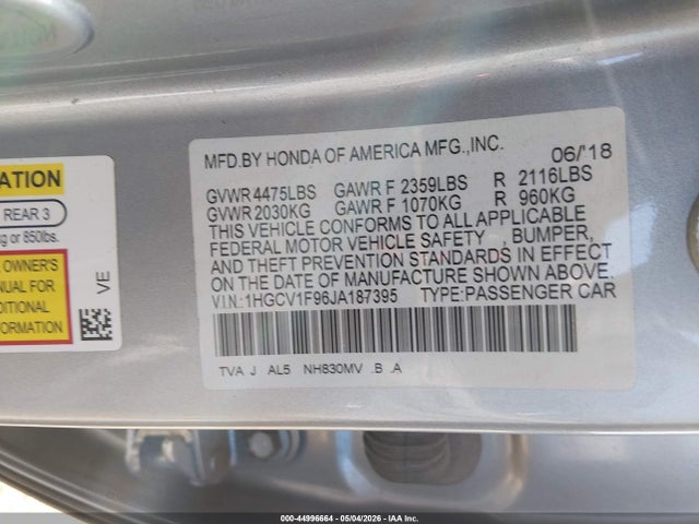 Aukcja sprzedaży 2018 Honda Accord Touring, vin: 1HGCV1F96JA187395, numer aukcji: 44996664