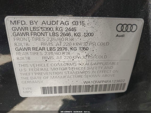 Продаж на аукціоні авто 2015 Audi Q5 2.0t Premium, vin: WA1CFAFP4FA123822, номер лоту: 44996678
