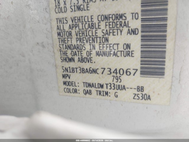 5N1BT3BA6NC734067 Nissan Rogue Sv Fwd
