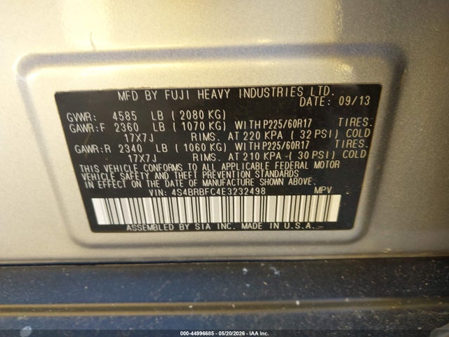 2014 Subaru Outback 2.5i Premium მანქანა იყიდება აუქციონზე, vin: 4S4BRBFC4E3232498, აუქციონის ნომერი: 44996685