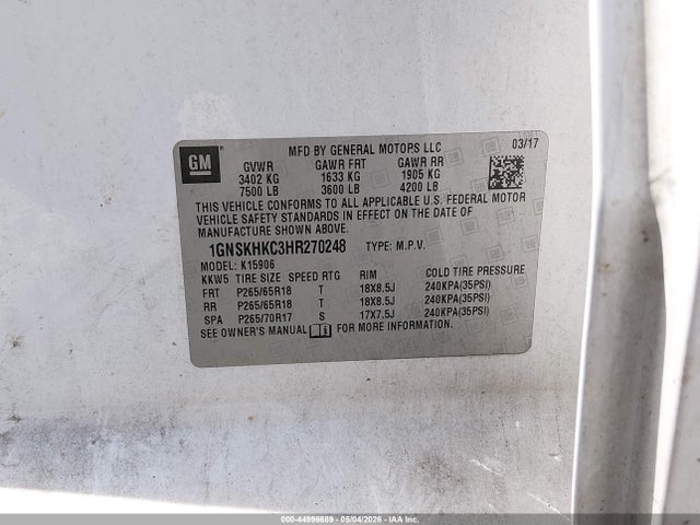 2017 Chevrolet Suburban Lt მანქანა იყიდება აუქციონზე, vin: 1GNSKHKC3HR270248, აუქციონის ნომერი: 44996689
