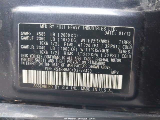 2013 Subaru Outback 2.5i მანქანა იყიდება აუქციონზე, vin: 4S4BRBAC4D3274420, აუქციონის ნომერი: 44996691