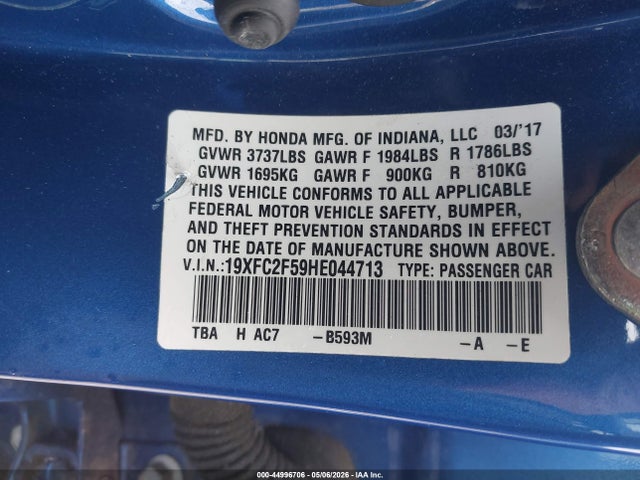 2017 Honda Civic Lx მანქანა იყიდება აუქციონზე, vin: 19XFC2F59HE044713, აუქციონის ნომერი: 44996706