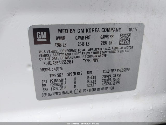 2018 Buick Encore Preferred მანქანა იყიდება აუქციონზე, vin: KL4CJASB7JB558961, აუქციონის ნომერი: 44996716