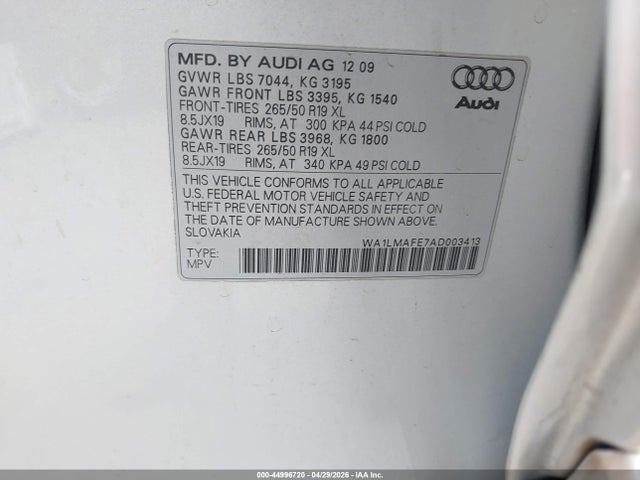 44996720 :رقم المزاد ، WA1LMAFE7AD003413 vin ، 2010 Audi Q7 3.0 Tdi Premium مزاد بيع