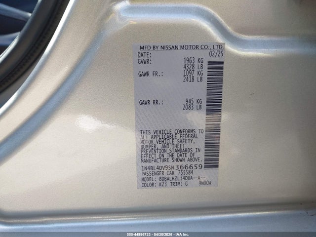 1N4BL4DV9SN366659 Nissan Altima Sv Fwd