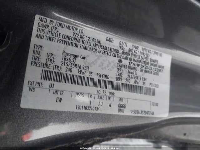 Продаж на аукціоні авто 2012 Ford Focus Se, vin: 1FAHP3K23CL122987, номер лоту: 44996725