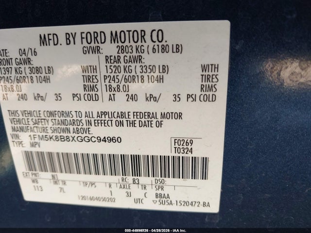 1FM5K8B8XGGC94960 Ford Explorer