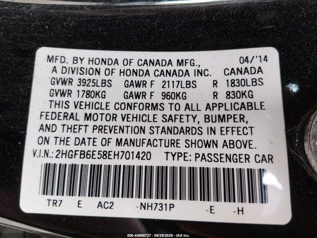 44996727 :رقم المزاد ، 2HGFB6E58EH701420 vin ، 2014 Honda Civic Si مزاد بيع