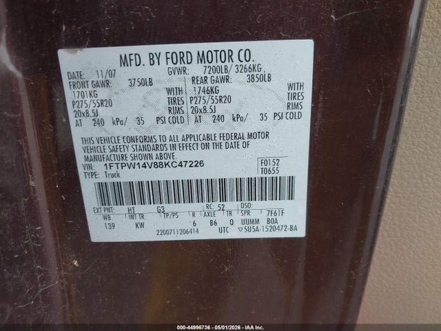 Aukcja sprzedaży 2008 Ford F-150 60th Anniversary/fx4/king Ranch/lariat/xlt, vin: 1FTPW14V88KC47226, numer aukcji: 44996736