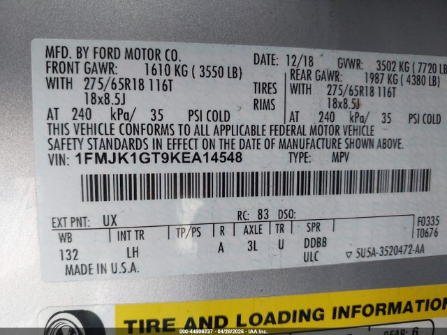 1FMJK1GT9KEA14548 Ford Expedition Max Xl
