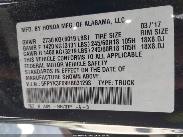 44996743 :رقم المزاد ، 5FPYK3F69HB031293 vin ، 2017 Honda Ridgeline Rtl-t مزاد بيع