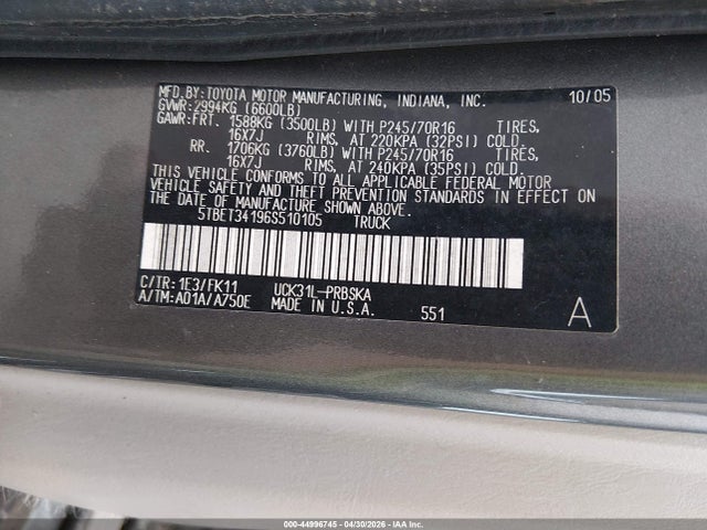 2006 Toyota Tundra Sr5 V8 მანქანა იყიდება აუქციონზე, vin: 5TBET34196S510105, აუქციონის ნომერი: 44996745