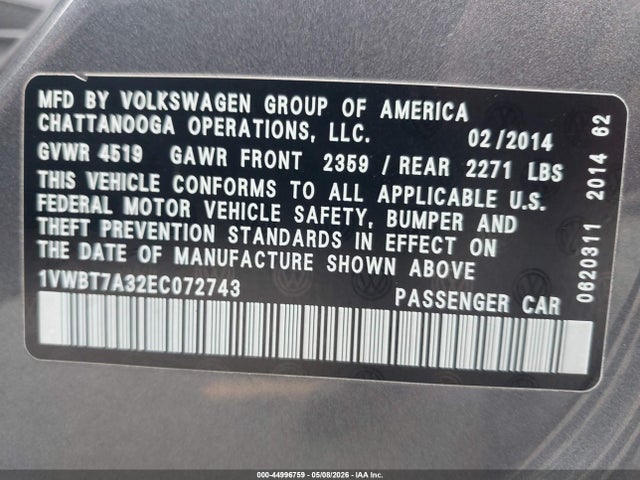 2014 Volkswagen Passat 1.8t Se მანქანა იყიდება აუქციონზე, vin: 1VWBT7A32EC072743, აუქციონის ნომერი: 44996759