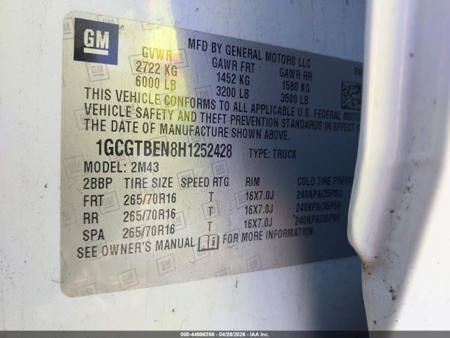1GCGTBEN8H1252428 Chevrolet Colorado Wt