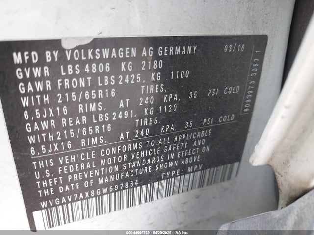 WVGAV7AX8GW597864 Volkswagen TIGUAN S