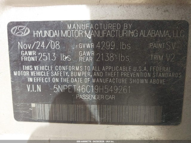 44996776 :رقم المزاد ، 5NPET46C19H549261 vin ، 2009 Hyundai Sonata Gls مزاد بيع