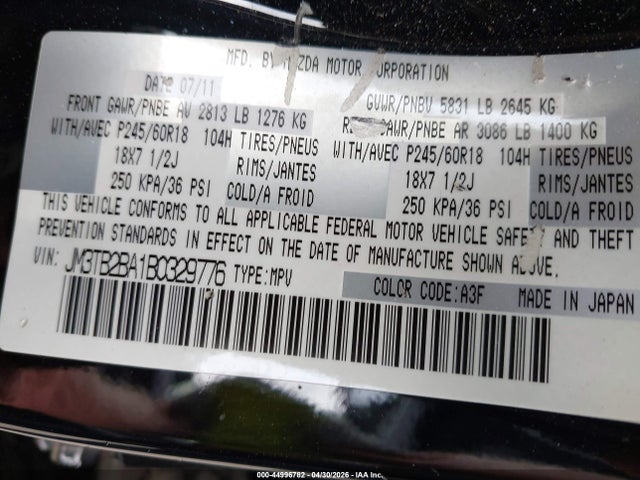44996782 :رقم المزاد ، JM3TB2BA1B0329776 vin ، 2011 Mazda Cx-9 Sport مزاد بيع