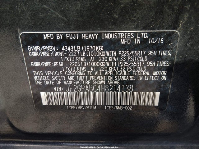 Aukcja sprzedaży 2017 Subaru Crosstrek 2.0i Premium, vin: JF2GPABC4H8214138, numer aukcji: 44996786