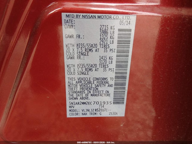 2014 Nissan Pathfinder Platinum მანქანა იყიდება აუქციონზე, vin: 5N1AR2MM2EC701935, აუქციონის ნომერი: 44996793