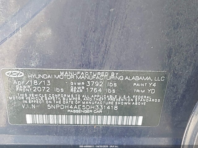 Продаж на аукціоні авто 2013 Hyundai Elantra Limited, vin: 5NPDH4AE5DH331418, номер лоту: 44996811