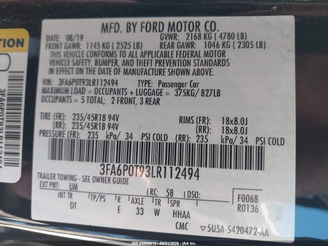 Aukcja sprzedaży 2020 Ford Fusion Se, vin: 3FA6P0T93LR112494, numer aukcji: 44996812