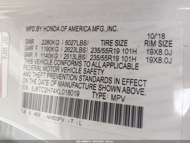 Продажа на аукционе авто 2019 Acura Rdx Advance Package, vin: 5J8TC2H74KL018019, номер лота: 44996818
