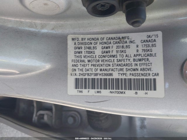 Aukcja sprzedaży 2015 Honda Civic Lx, vin: 2HGFB2F58FH536686, numer aukcji: 44996822