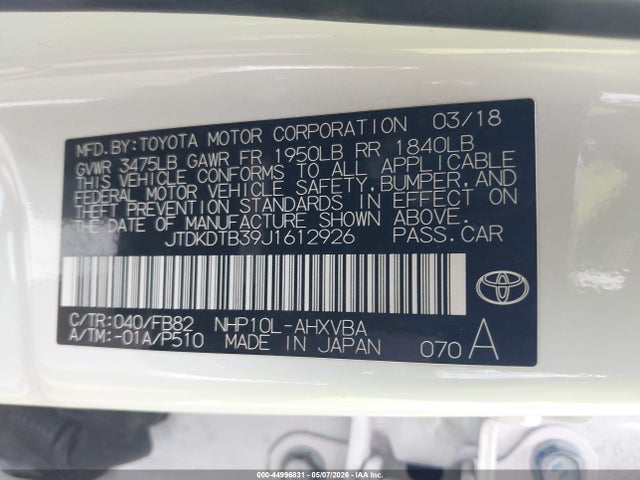 Aukcja sprzedaży 2018 Toyota Prius C Two, vin: JTDKDTB39J1612926, numer aukcji: 44996831