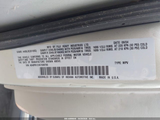 Aukcja sprzedaży 2005 Subaru Outback 2.5i, vin: 4S4BP61C357338700, numer aukcji: 44996846