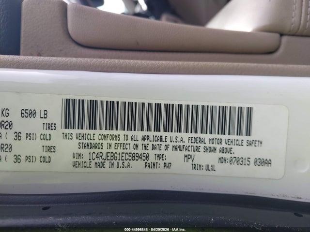 Aukcja sprzedaży 2014 Jeep Grand Cherokee Limited, vin: 1C4RJEBG1EC589450, numer aukcji: 44996848