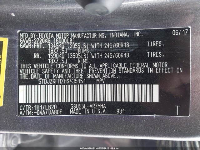Продажа на аукционе авто 2017 Toyota Highlander Xle, vin: 5TDJZRFH7HS435151, номер лота: 44996851