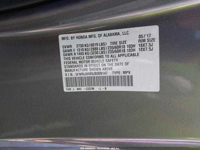 Honda Odyssey Touring 2018 5FNRL6H89JB009147 Image 9
