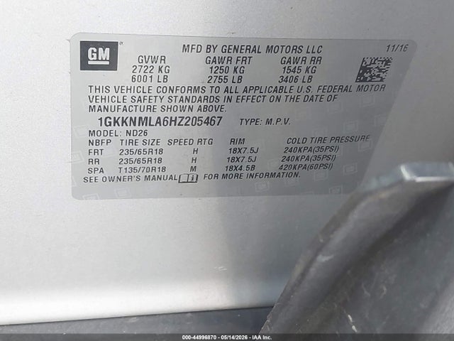 Aukcja sprzedaży 2017 Gmc Acadia Slt-1, vin: 1GKKNMLA6HZ205467, numer aukcji: 44996870