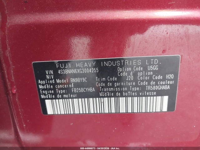Aukcja sprzedaży 2016 Subaru Legacy 2.5i Limited, vin: 4S3BNAN6XG3004255, numer aukcji: 44996873