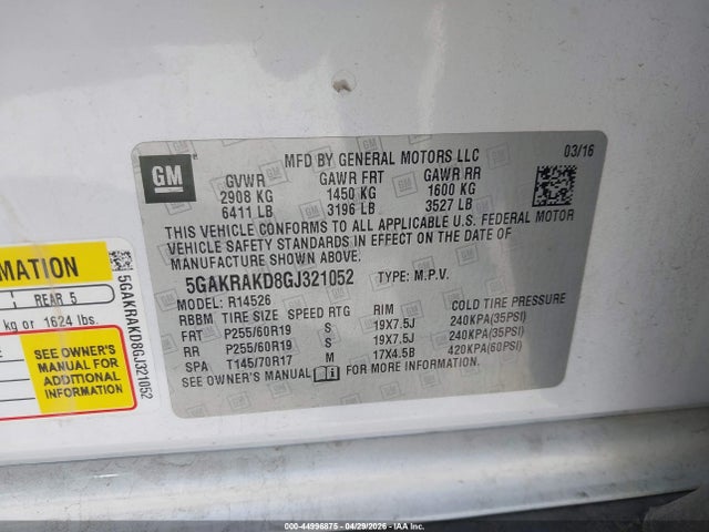 2016 Buick Enclave Convenience მანქანა იყიდება აუქციონზე, vin: 5GAKRAKD8GJ321052, აუქციონის ნომერი: 44996875