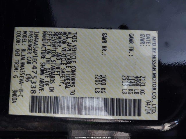 44996876 :رقم المزاد ، 1N4AA5AP1EC475338 vin ، 2014 Nissan Maxima 3.5 Sv مزاد بيع