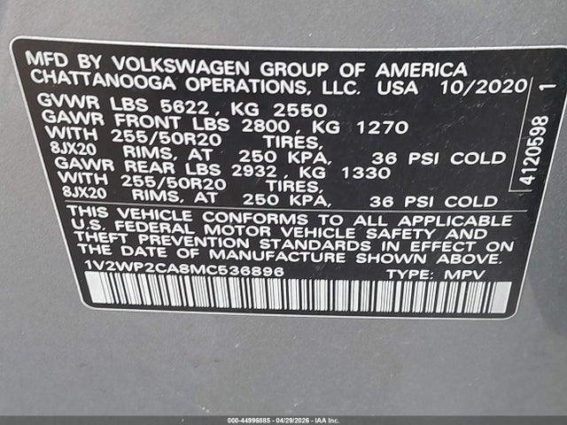 Продаж на аукціоні авто 2021 Volkswagen Atlas 2.0t Se W/technology, vin: 1V2WP2CA8MC536896, номер лоту: 44996885