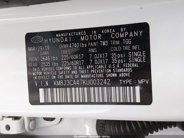 44996887 :رقم المزاد ، KM8J3CA47KU003242 vin ، 2019 Hyundai Tucson Value مزاد بيع