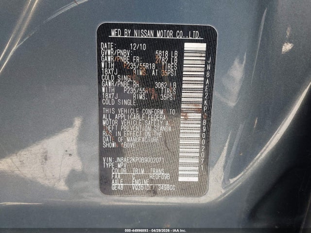 Продажа на аукционе авто 2011 Nissan Quest Sl, vin: JN8AE2KP0B9002071, номер лота: 44996893