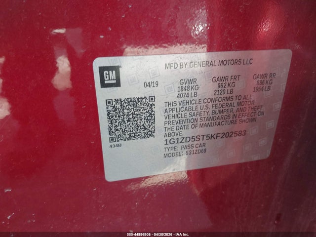 Продаж на аукціоні авто 2019 Chevrolet Malibu Lt, vin: 1G1ZD5ST5KF202583, номер лоту: 44996906