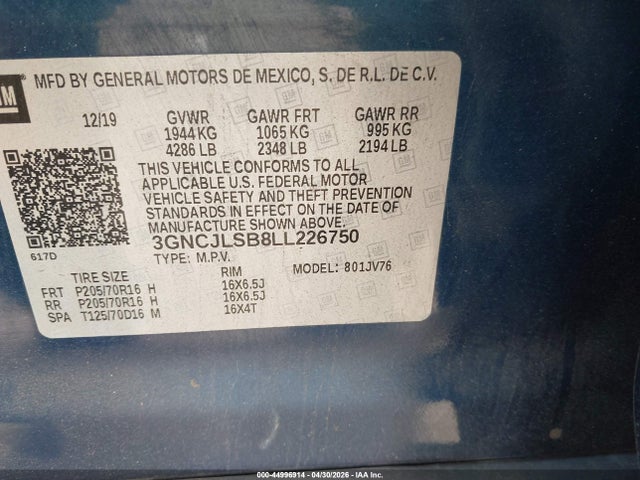 3GNCJLSB8LL226750 Chevrolet Trax Fwd Lt