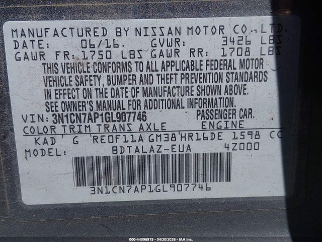 Продаж на аукціоні авто 2016 Nissan Versa 1.6 S+, vin: 3N1CN7AP1GL907746, номер лоту: 44996919