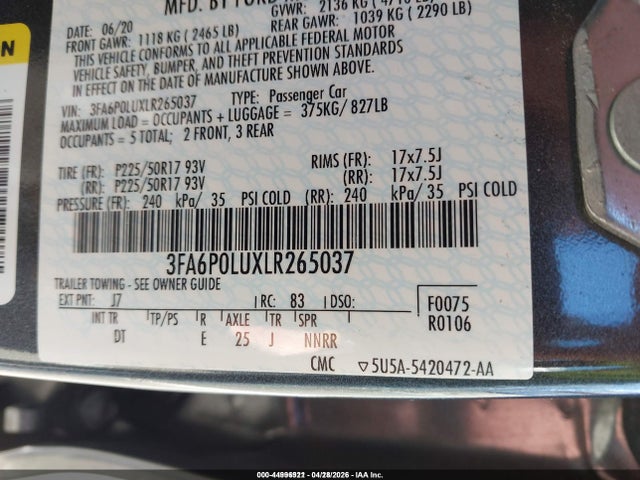 Ford Fusion Hybrid Se 2020 3FA6P0LUXLR265037 Image 9